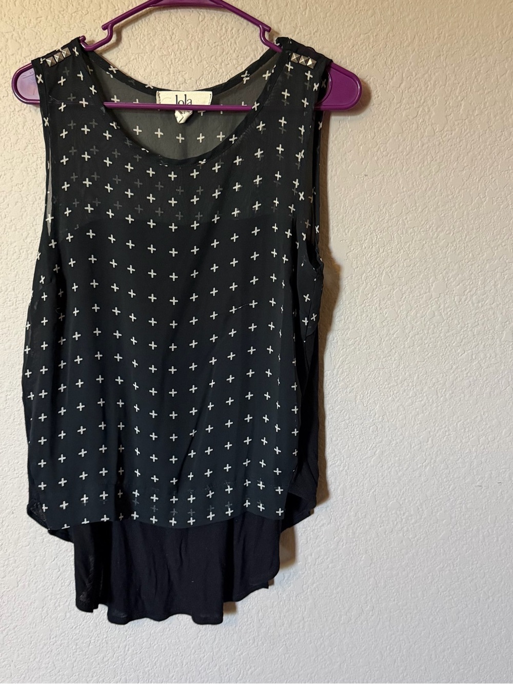 LOLA Women Juniors XL Black Sleeveless Top Blouse Sheer Lightweight Cross NWOT